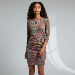 Gretchen Scott M Designs 3/4 Sleeve Green Red Floral Dress Professional Preppy